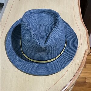 Goorin Bros Blue Straw Hat with Gold Logo Trim
